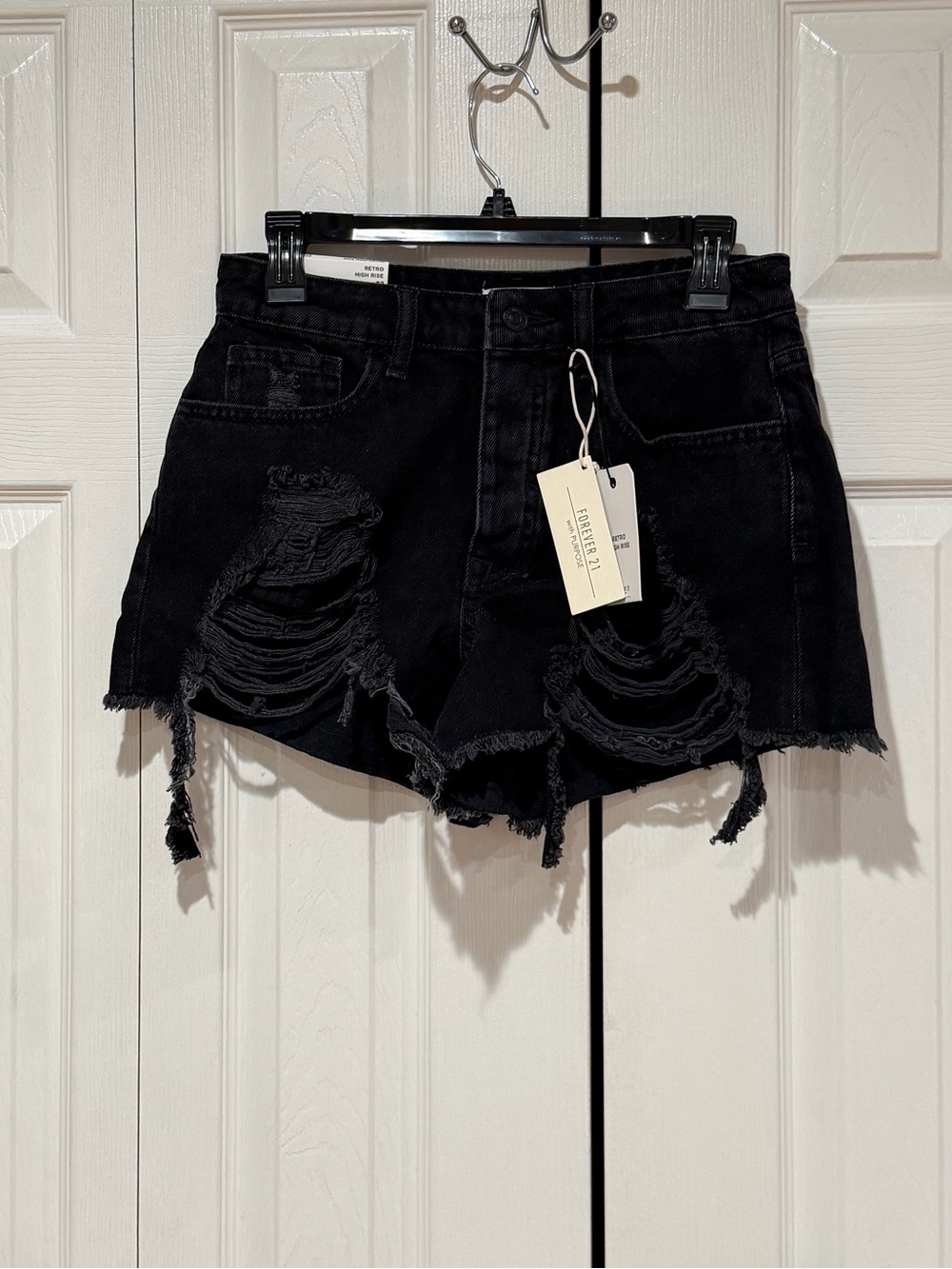 Forever 21 Black Distressed Frayed High-Rise Denim Shorts